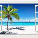 Beach Pictures Wall Art Decor for Living Room Blue Ocean Painting Decor for Bedroom White Window Frame Style Palm Trees Canvas Wall Decor Blue Coastal Landscape Artwork for Bathroom Home Office, Size 47" x 31.1/2" Inch