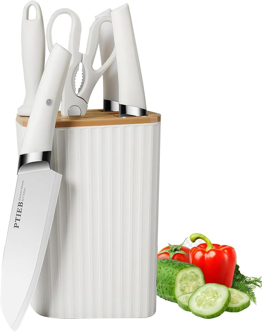 Kitchen Knife Set, 6-Pieces White Stainless Steel Sharp Knife Set with Universal Knife Block, Anti-Rust Non-Stick Sharp Chef Knife Block Set with Sharpener Scissor for Kitchen Cutting (Cream White)