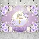 Golden Cross God Bless Photo Background Newborn Christening Purple Flowers Decoration First Holy Communion Baptism Christening Party Backdrop Baby Shower Cake Table Background (8X6FT)