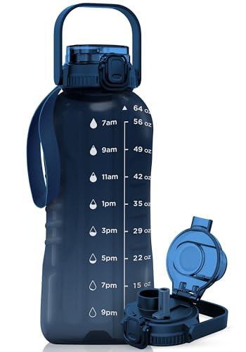 AQUAFIT 64 oz Water Bottle with Time Marker - 2in1 Straw & Chug Lid - BPA Free Big Water Bottle with Straw - Gym Water Bottle with Strap - Water Jug (64 Ounces, Nebula)