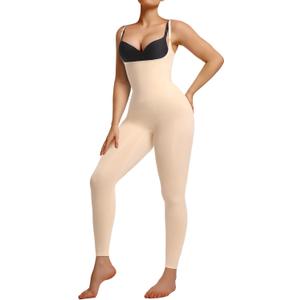 SHAPERX Hourglass Leggings 360 Compression 2 Sizes Look Full Body Shaper Breathable No Roll Down (Beige (Open Bust))