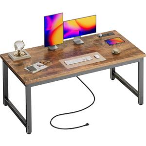 Huuger 55 x 24 inch Desk with Power Outlets & USB-C, Deeper & Thicker Desktop, Robust Metal Tubes, Computer Desk, Heavy Duty Office Desk, Work Gaming Desk for Home Office, Rustic Brown