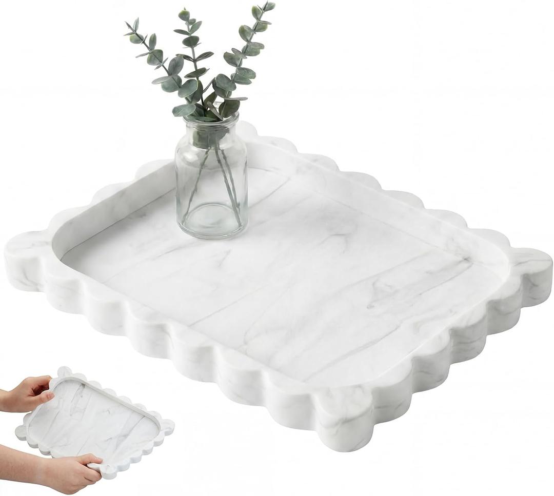 Silicone Bathroom Tray 11.5 x 8.7 Inch Scalloped Silicone Decorative Tray for Soap Dispenser Bottles, Bathroom, Dresser, Kitchen, Vanity, Home Decor, Marble Texture Design (White)