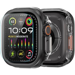 amBand Slim PC Case Screen Protector Cover for Apple Watch Ultra 2/Ultra 49mm Men Women, Protective Hard Bumper Thin Frame + 9H Tempered Glass Film, [Stylish] [Lightweight] [Waterproof], Black/Clear