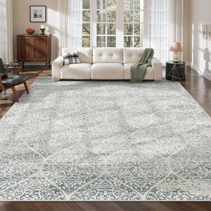 Soalmost 8x10 Washable Area Rugs for Living Room, Moroccan Trellis Stain Resistant Non-Slip Low Pile Natural Rug Soft Throw Large Carpet for Dining Room Bedroom Home Office (Teal Blue, 8'x10')