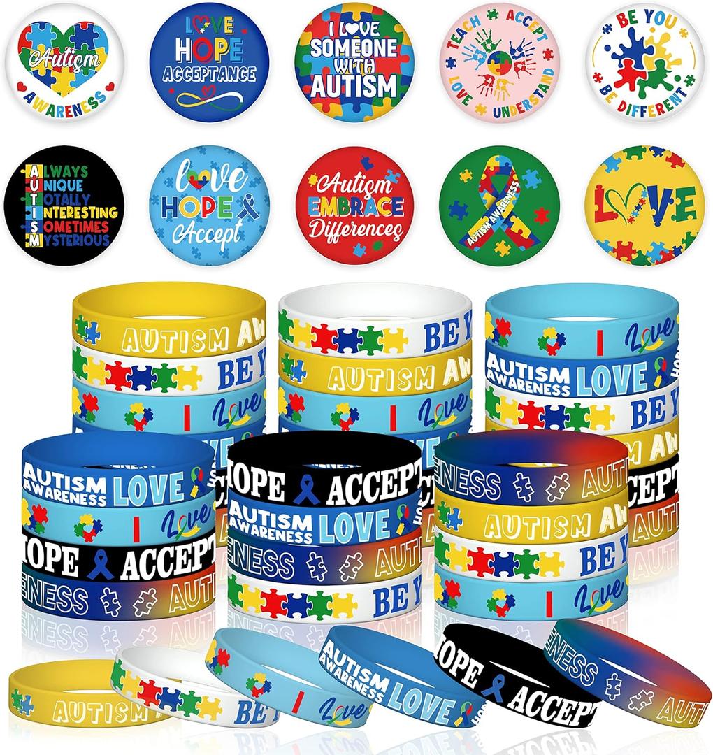 60 Pcs Autism Awareness Accessories Bulk Include 30 Puzzle Pieces Bracelet Silicone Wristband and 30 Button Badges Pins Special Autism Education for Adult Teens Motivational Party Supplies (Blue)