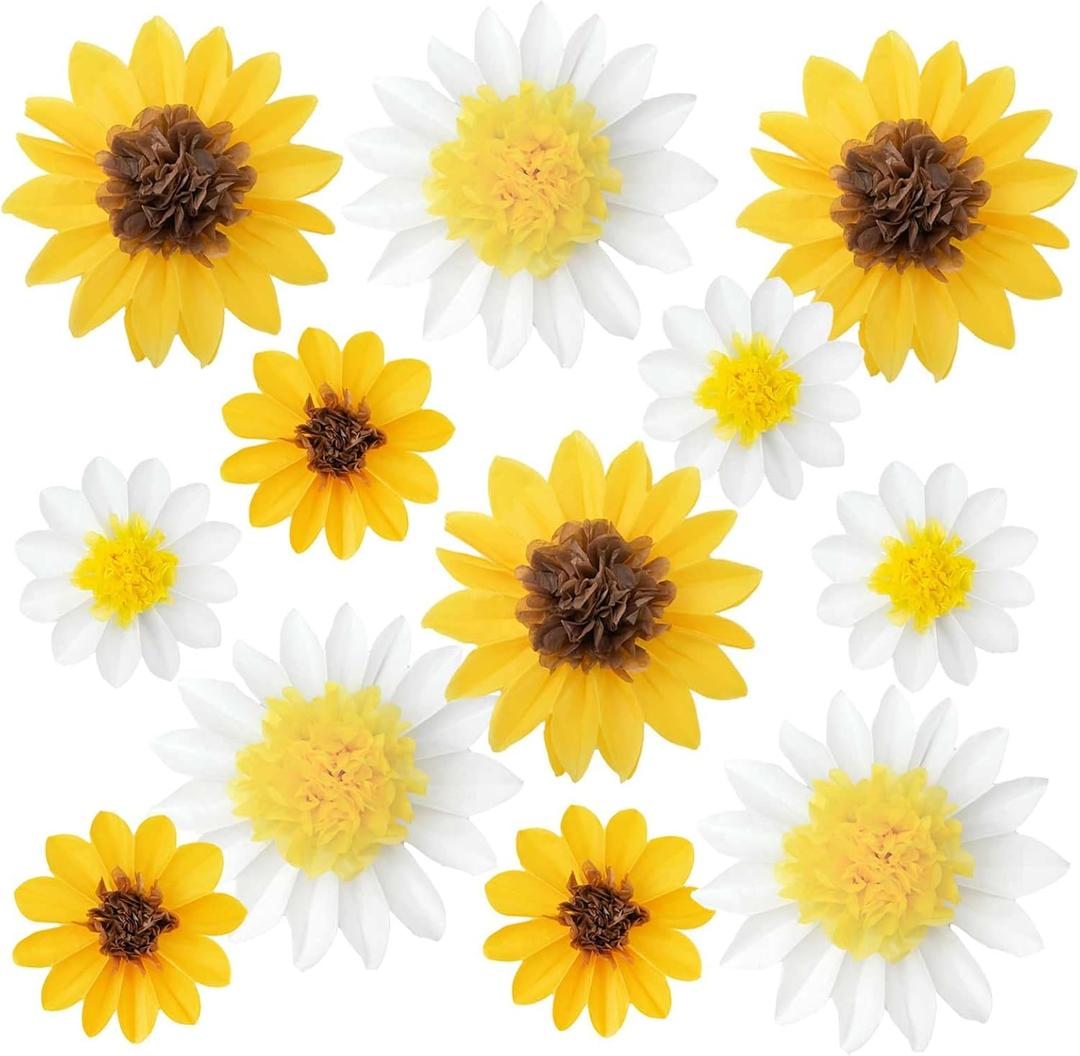 12Pcs Sunflower Daisy Tissue Paper Pom Poms Flower 12" 8" for Yellow Brown White Themed Birthday Party Sunshine Baby Shower Bridal Country Wedding Party iwlorys
