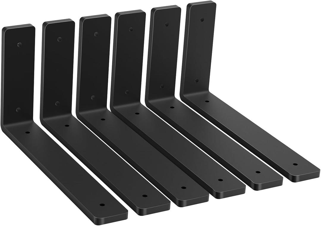 Heavy Duty Shelf Brackets, 6 Pack 12 Inch Black L Metal Shelving Brackets, 5mm Thick Rustic Shelf Support Bracket for DIY Open Shelving ( L 12" x H 6" x W1.5)