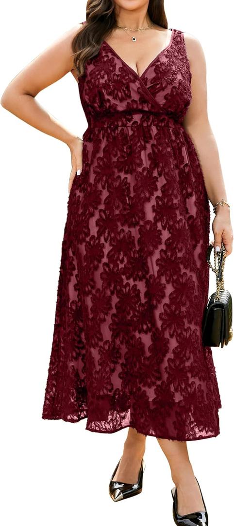 RWJ Women's Plus Size Wedding Guest Dress 2026 Floral Lace Wrap V Neck Sleeveless Formal Cocktail Party Maxi Dresses (3X-Large Plus, Burgundy)