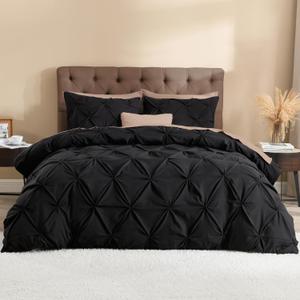 Litanika Black Queen Pinch Pleat Duvet Cover, 3 Pieces Pintuck Cover Soft Microfiber Bedding Set with Zipper Closure & Corner Ties(90x90Inch-1 Duvet Cover, 2 Pillowcases)