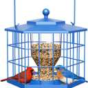 Birdream Squirrel Proof Bird Feeders for Outdoor Hanging, Metal Cage Bird Feeder with Rain Proof Covered for Wildbirds Bluebird Finches, Blue