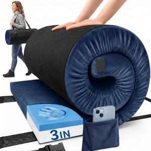 Camping Mattress Pad, 3 Inch Memory Foam Camping Mattress with Non-Slip Bottom & Washable Cover, Portable Roll Up Floor Camping Mat, Camping Sleeping Pad for Adults, Car Bed with Travel Bag