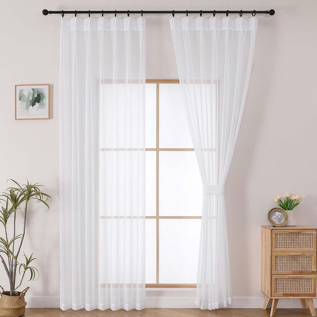 OWENIE Pinch Pleated Sheer Curtains 84 Inches Long 2 Panels Set for Bedroom Living Room, Soft Airy Light Filtering Sheer Privacy Curtains Drapes, White, 2Pcs, Each 60x84 Inch