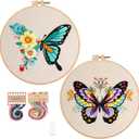 Konrisa Embroidery Kits with Butterfly Flower Pattern, Stamped Embroidery Starter Kit for Beginners Adults Needlepoint Kits Include Embroidery Fabric Embroidery Hoop Threads and Needles, Set of 2