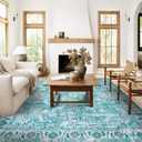 Doria Boho Area Rug, 9'12' Washable Oriental Rug, Non-Slip Vintage Floral Rug, Non-Shedding Traditional Carpet with Low Pile for Living Room, Bedroom, Dining, Office, Turquoise Blue