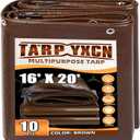 Brown Tarp 16x20 Feet, 10 Mil Thick Waterproof Poly Tarps Cover UV Resistant, Rip & Tear Proof with Metal Grommets Every 20 Inches