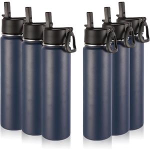 Volhoply 24oz Insulated Water Bottle With Straw Bulk 6 Pack, Metal Wide Mouth Water Bottles With Handle Lid Keep Cold, Reusable Double Wall Thermos, Powder Coated Sport Bottle For Holder(Navy, 6 Count)