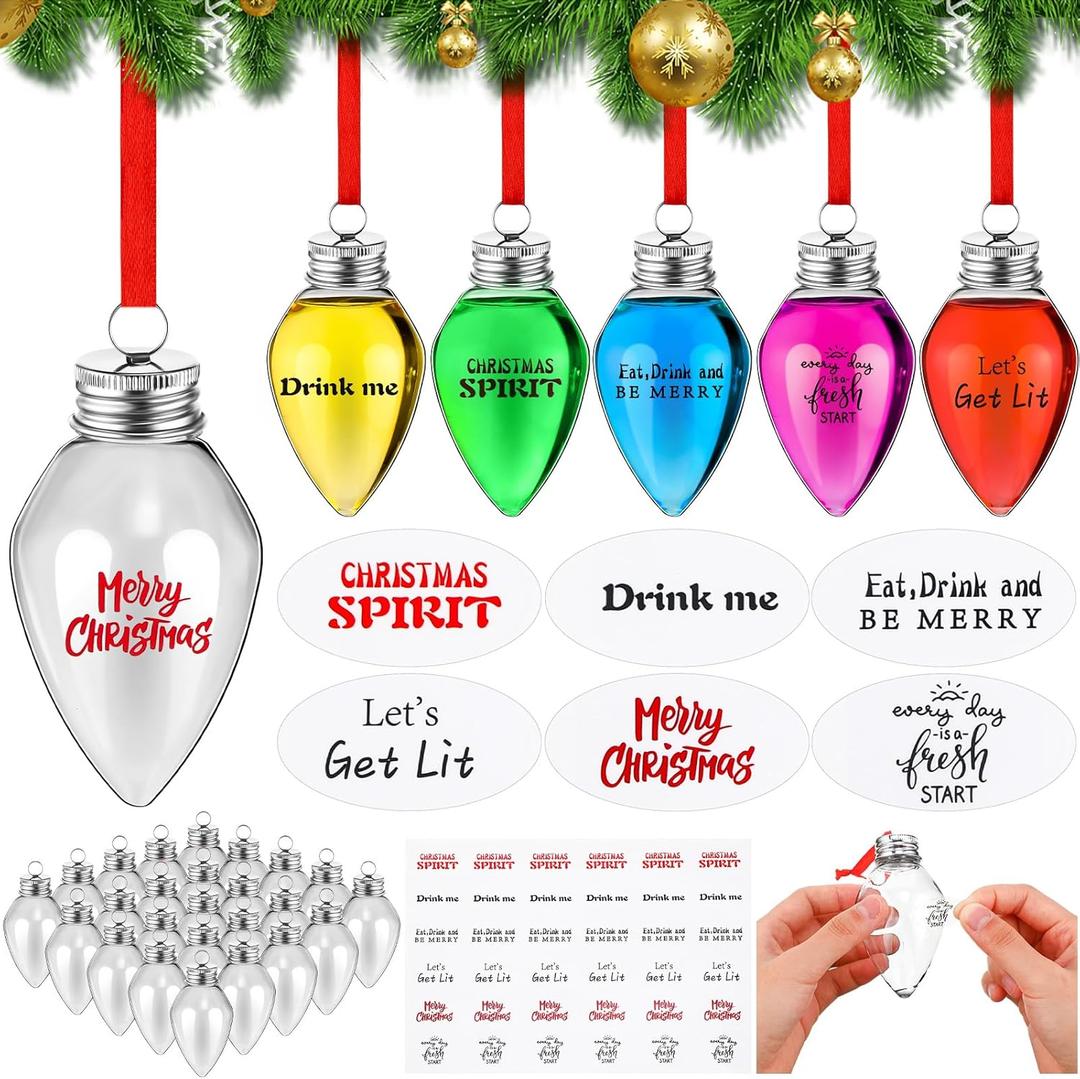 Baquler 30 Pcs Christmas Fillable Light Bulb Hanging Ornament Plastic Fillable Christmas Tree Ornaments Clear with Screw Off Cap and Rope Xmas Sticker for Holiday Party Decor Indoor Outdoor