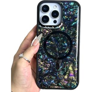 Seashell Magnetic Case for iPhone 14 Pro Compatible with Magsafe, Luxury Pearlescent Abalone Shell Pattern, Aesthetic Protective Phone Case Cover for iPhone 14 Pro, Black/Colorful