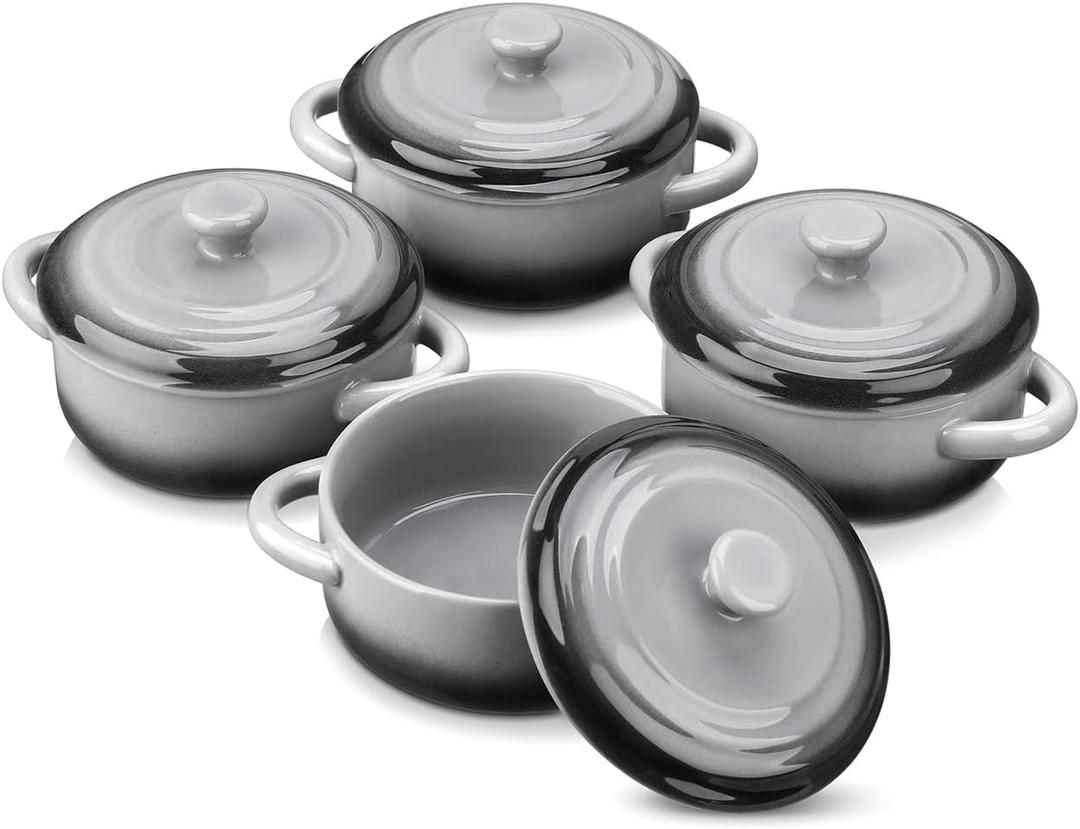 LOVECASA Mini Cocotte with Lid,12 OZ Small Casserole Dish for Oven,Mini Casserole Dish,Individual Ramekins with Lids,Oven, Microwave & Dishwasher Safe,Set of 4 (Black Gray)