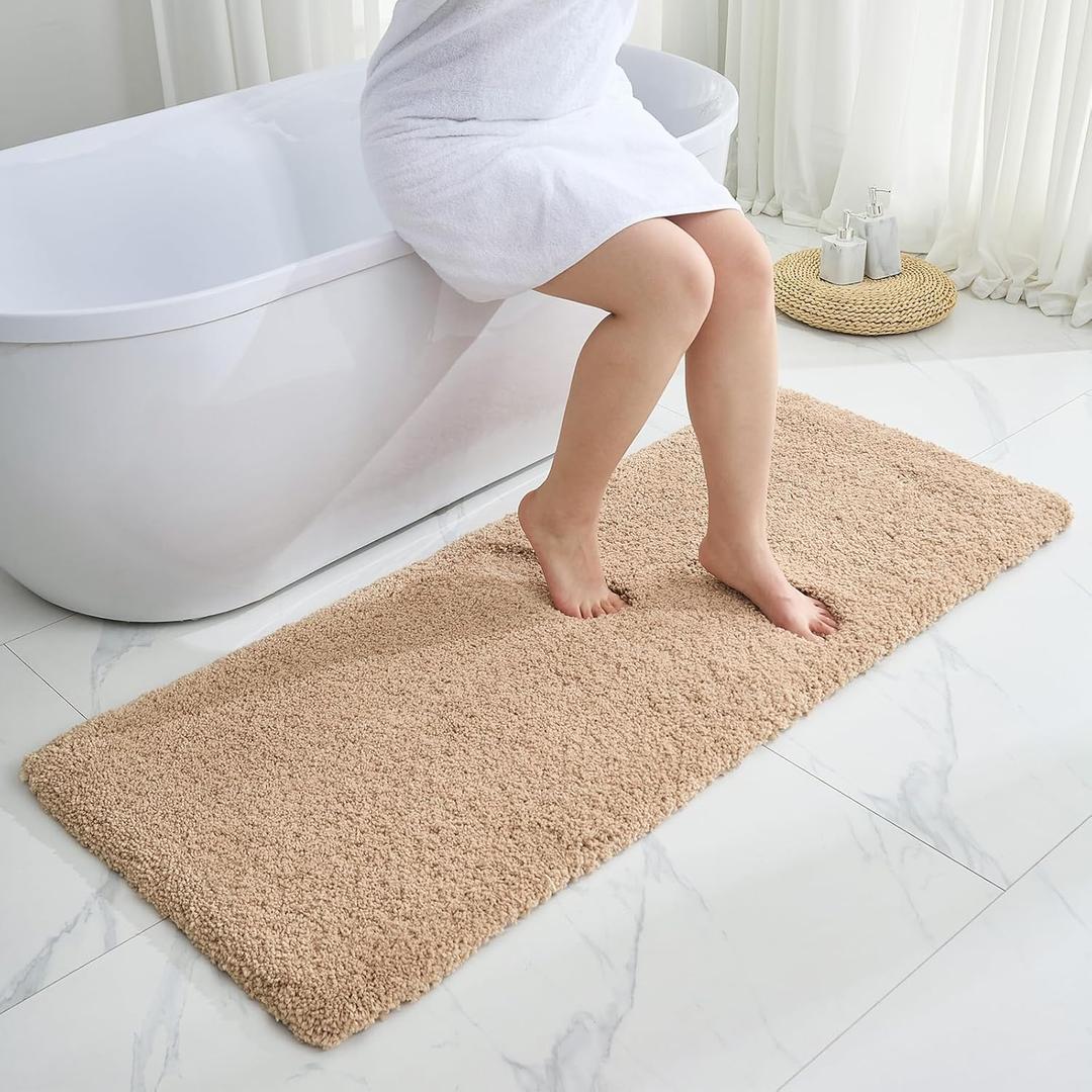 Beige Bathroom Runner Rug 24x59 Non Slip Fluffy Long Bath Mat for Bathroom Floor Washable Plush Luxury Bath Rug for Tub Absorbent Shower Sink Mat Bedside Rug