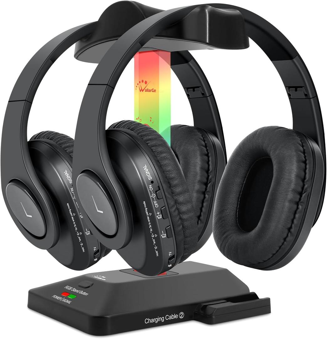 WallarGe Dual Wireless Headphones for TV Watching with RF Transmitter, Bluetooth Over-On Ear TV Headphones Wireless for Seniors, No Lip-Sync Delay, Plug & Play (RGB)