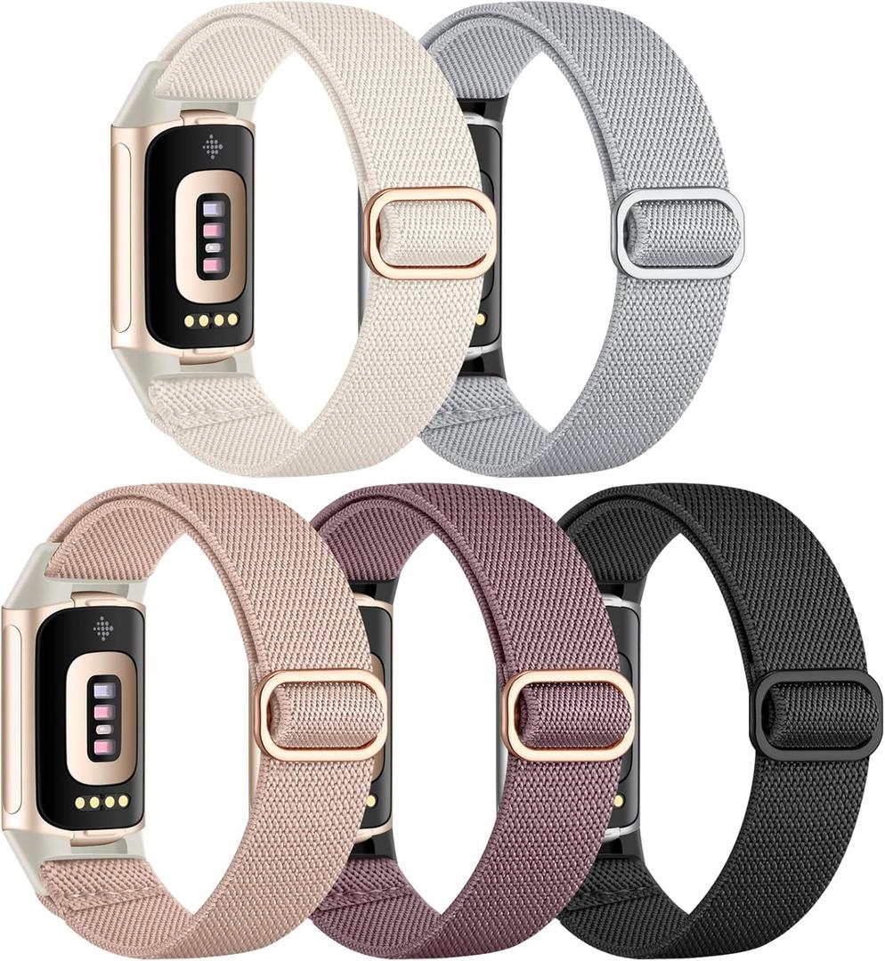 Maledan Elastic Bands Compatible with Fitbit Charge 6/Charge 5 Band Women Men, Waterproof Stretchy Nylon Bracelet Loops Strap Replacement Bands for Fitbit Charge 5/Charge 6 Fitness Tracker Accessories (Fit for 4.5'' to 9.5'' (115mm-240mm) wrist, 1-Black/ Smoky Purple/ Pink/ Starlight/ Light Gray)