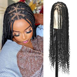 Boho Braided Wigs for Black Women Knotless Braided Wigs Box Braid Wig with Baby Hair Full Double Lace Black Boho Braided Wig Premium Synthetic Lace Braided Wig,36" Double Lace