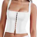 LAGSHIAN Women's Sleeveless Square Neck Double Layer Crop Top Central Single Row Clasp Trendy Tank Top (White, L)