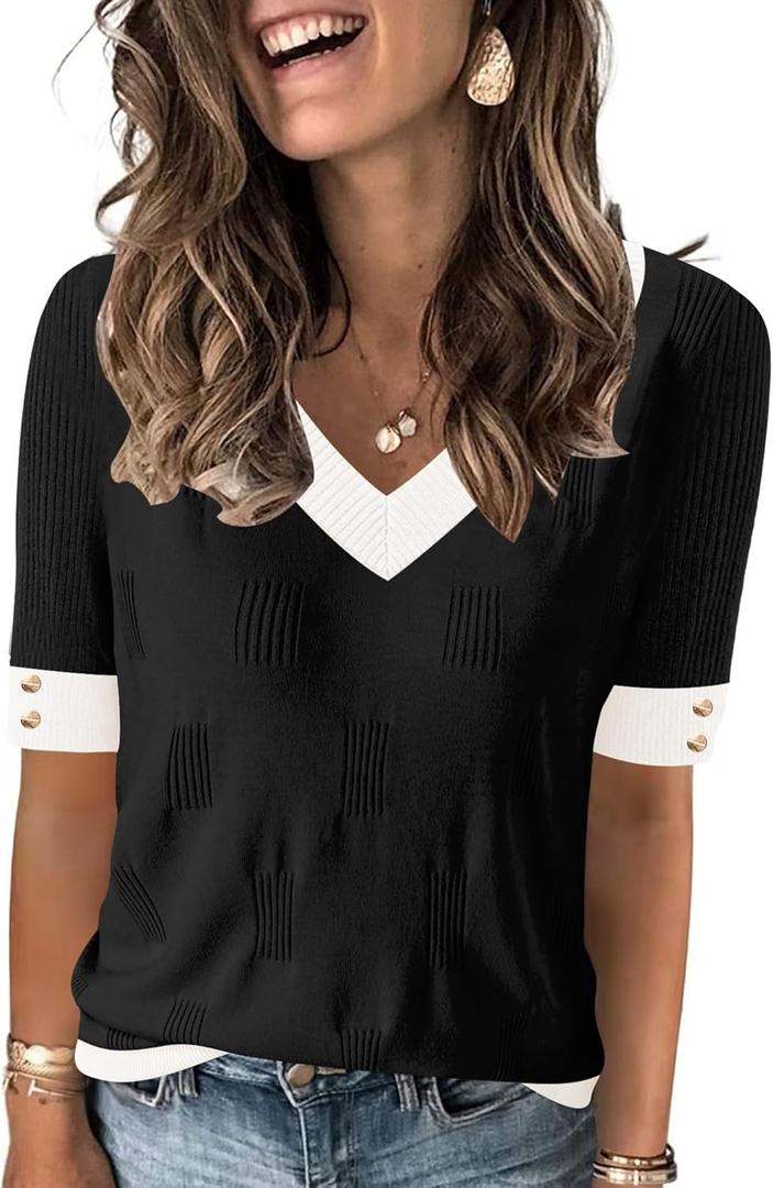 AKEWEI Womens V Neck Sweater Short Sleeve Lightweight Knit Spring Summer Tops with Decorative Buttons (Black, XL)