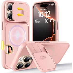 TOCOL for iPhone 16 Pro Case with Slide Camera Cover, Kickstand and Camera Control Button, Fit for MagSafe, Rugged Solid Phone Case, Non-Slip, Drop Protection, Drop Protection, Pink