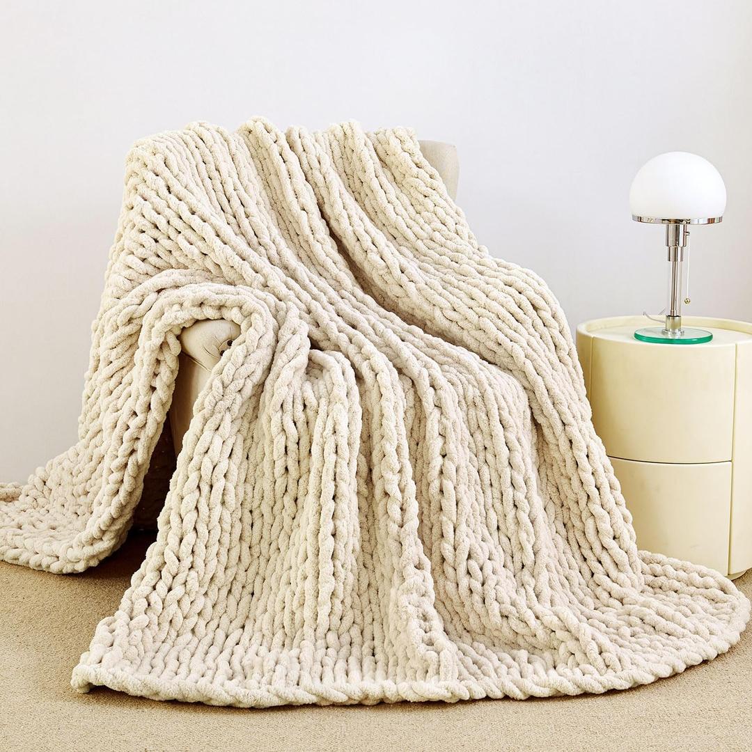 Admitrack Chunky Knit Blanket Throw 51"x63", 100% Hand Knit Chenille Throw Blanket for Sofa & Home Decor, Soft and Cozy Knitted Throw Blankets (Ivory，51"x63")