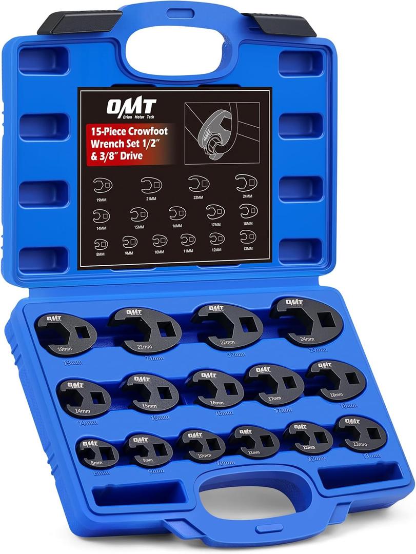 Orion Motor Tech Crowfoot Wrench Set, 15-Piece Crows Foot Wrench Set with 8 to 24 mm Metric Flare Nut Wrenches, 1/2 & 3/8 in. Drive Flare Nut Wrench Set with Laser Etched Marking Carry Case, Blue