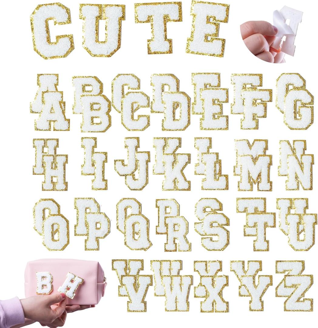 52PCS White Chenille Letter Patches with Gold Trim - Varsity Style Self Adhesive Appliques for Jackets, Hats, Denim, Backpacks, DIY Fabric Stickers