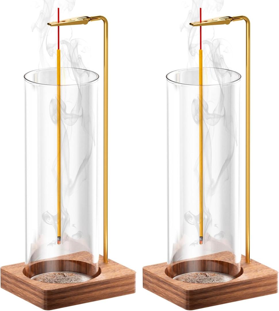 Incense Holder for Sticks, Insence-Stick Holder, Anti-Ash Flying No Mess Incense Burner, Incense Stick Holder with Glass Ash Catcher, for Yoga Spa Meditation Home Decor(2 Pack) (Brown)