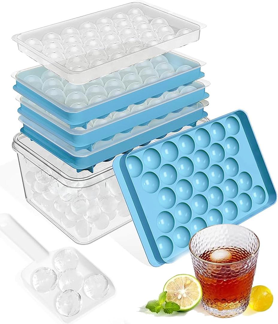 Ice Cube Trays with Lid and Bin, 3 Pack Ice Ball Maker Mold for Freezer Round Ice Molds with Container Mini Circle Ice Cube Tray for Drinks, Coffee, Whiskey, Cocktail, BPA Free (Lake Blue)