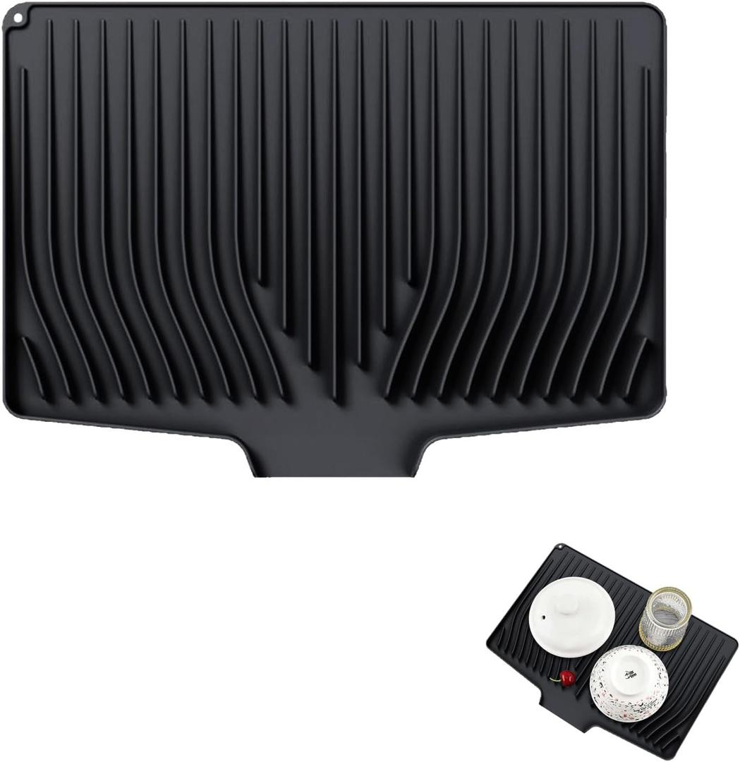 Large Premium Silicone Dish Drying Mat for Kitchen Counter - 18.5"x13" Non-Slip, Heat-Resistant (450F) with Fast Drain & Hanging Hole, Multi-Use Kitchen Sink Drying Mat (Black)