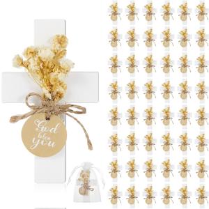 Flutesan 48 Sets Baptism Favors for Guests First Communion Wooden Cross Magnets with Flower and Bag for Baptism Party Decoration, Gathering, Baby Shower, Christen Souvenirs Gift (White) (Classic)