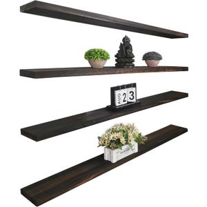 YYWUOJJ Wood Floating Shelves for Wall Decor, Rustic Wall Shelves for Bedroom Bathroom Kitchen Living Room, Set of 4 Walnut 48 Inch