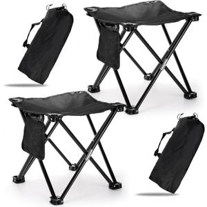2 Pack Camping Stool, 13 Inch Compact Camping Chair Portable, Lightweight Folding Stool Seat with Side Pocket and Carry Bag for Outdoor Hiking, Fishing, Picnic, Beach and Lawn Party, Black