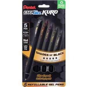 Pentel EnerGel Kuro Retractable Liquid Gel Pen, Shades of Black, 0.7mm tip, Assorted black ink, Pack of 5 Pens