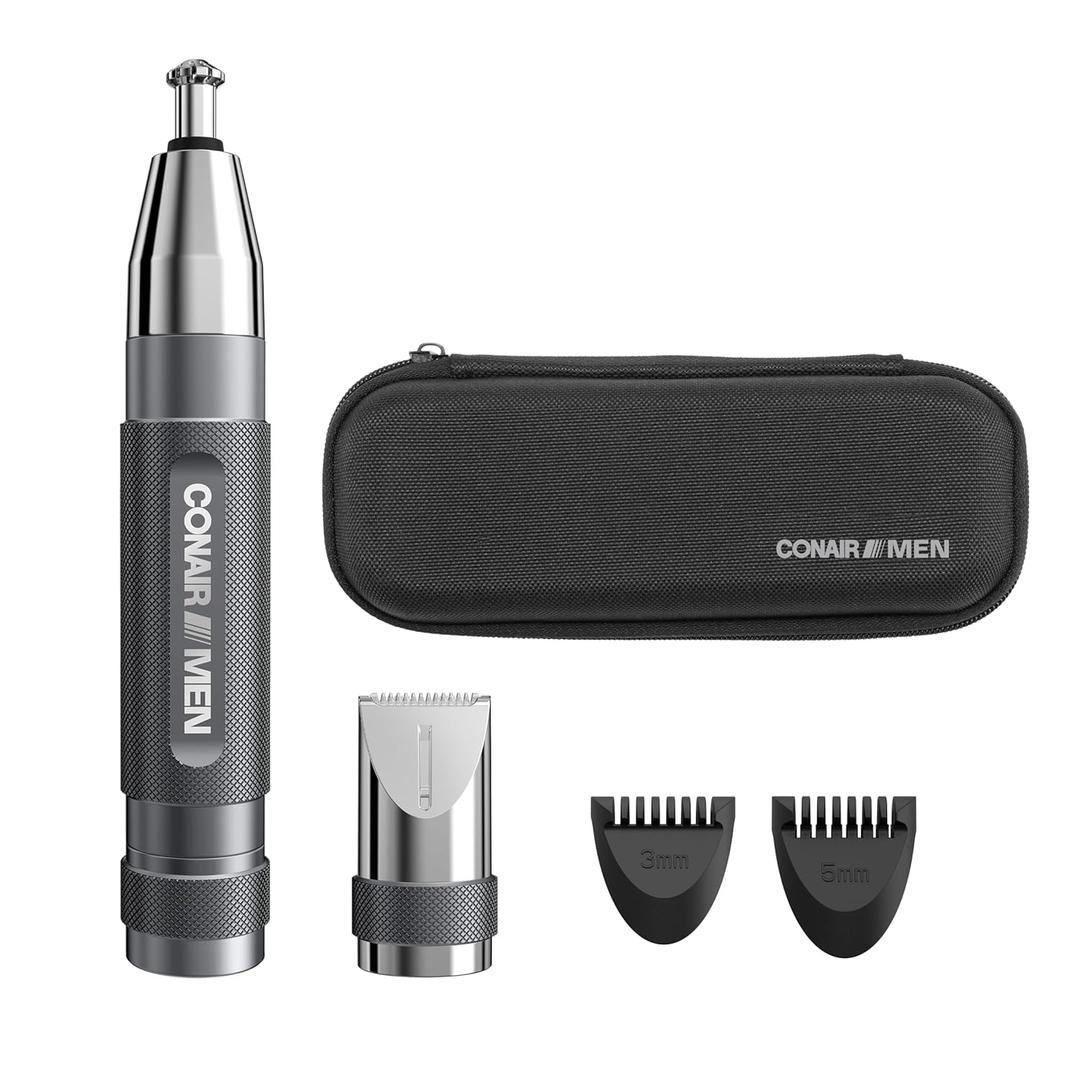 Conair Men Ear, Nose and Eyebrow Trimmer, Patented 360 Bevel Blade for No Pulls, Nicks or Cuts Guaranteed, Nose Hair Trimmer for Men, Non-Slip Grip, 5-Piece Kit with Travel Case (1 Count (Pack of 1))