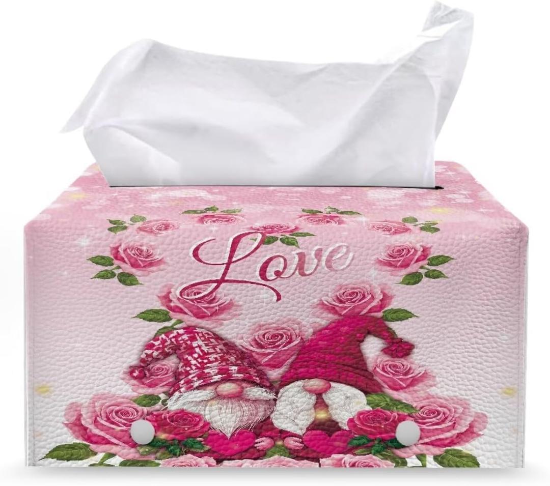 Gnome Rectangular Tissue Box Valentine's s Decor Leather Tissue Box Cover for Bathroom Accessories Romantic Rose Paper Case Organizer Holder for February 14th