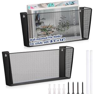 2 Pack Legal Size Wall Amount Pocket File Holder Metal Mesh Hanging Wall File Organizer Black Single File Pocket Wall Mounted Mail Organizer Magazine Rack for Office Home School 15.7" L x6.9" Wx3.4" H