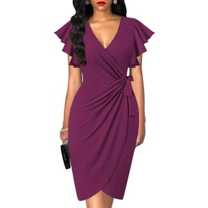 Oten Womens Deep V Neck Ruffle Sleeve Sheath Casual Cocktail Party Work Faux Wrap Dress, X-Large