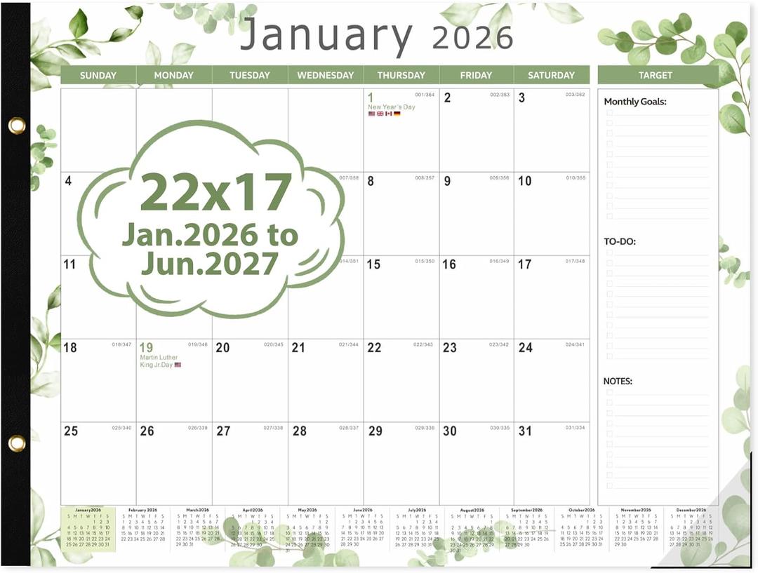 2 x 2026 Desk Calendar 22'' x 17'', Large Monthly Desktop Calendar, 18 Months Desk Pad (Jan. 2026 - Jun. 2027) for Home School Office Supplies (Leaf)