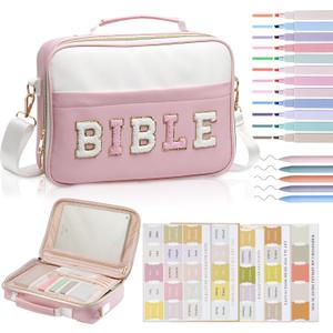 Bible Cover Case for Women, Large Chenille Letter Leather Bible Case with Bible Study Accessories, Bible Study Supplies Bible Journaling Kit, Christmas Christian Gift for Women Girls (Pink)