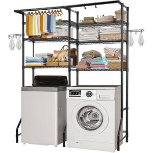 VEVOR Over Washer and Dryer Storage Shelves, 6 Tiers Laundry Room Drying Rack with Hanger Rod and Hooks, Two Rows Adjustable Washer Shelves Space Saver, for Laundry Room Storage & Organization, Black