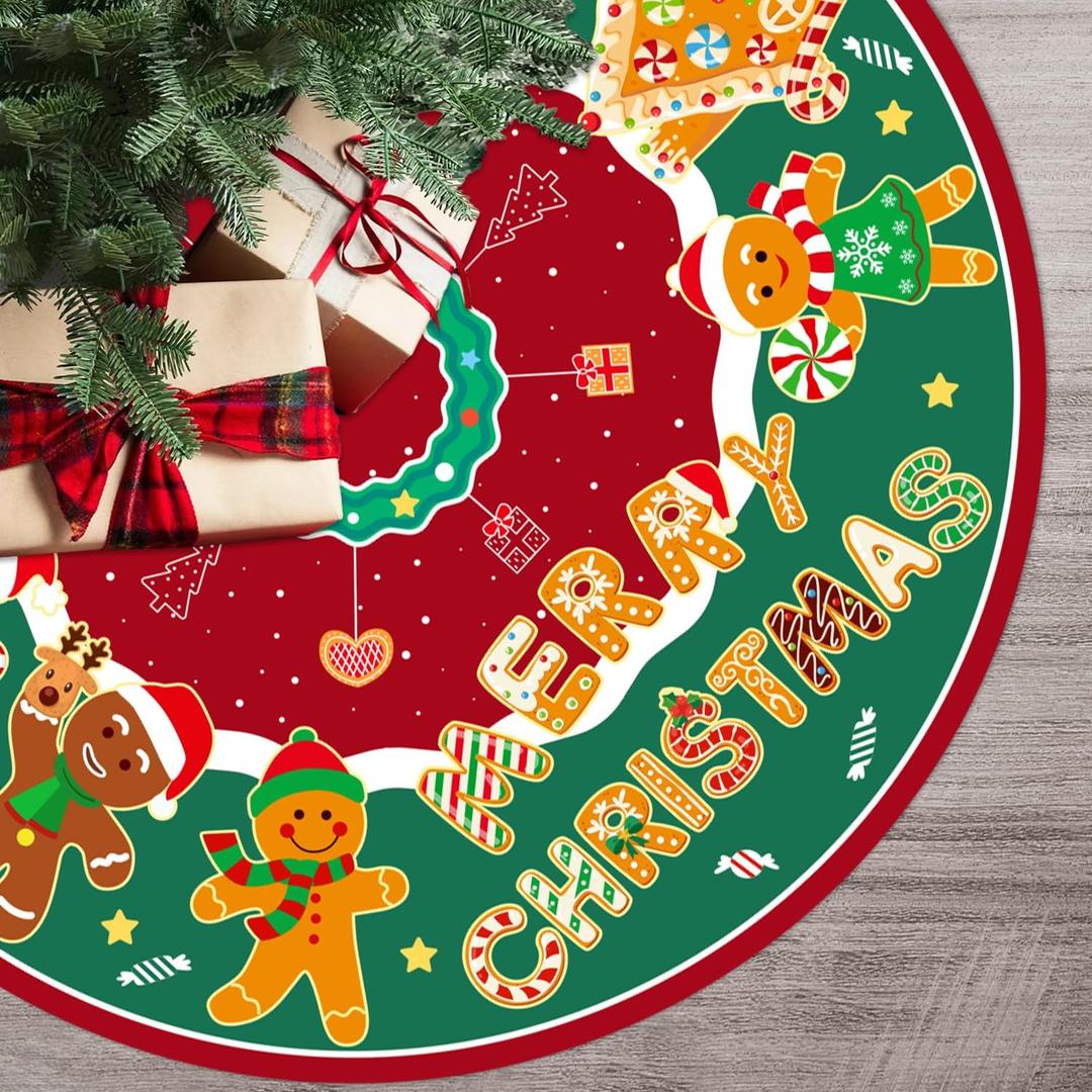 Gingerbread Tree Skirt 48 Inch Christmas Gingerbread Man Tree Mat with Cute Candy Cane Merry Christmas Design for Winter Xmas New Year Party Supplies