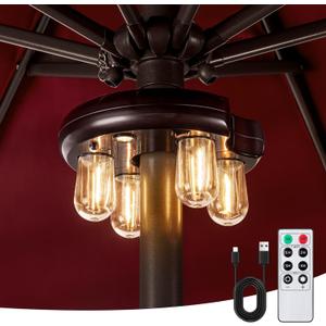 Patio Umbrella Light with Remote Control, Rechargeable Cordless LED Edison Bulbs Pole Light with 10 Brightness Levels for Garden, Patio, Backyard, Camping or BBQ - Brown (1 Pack)